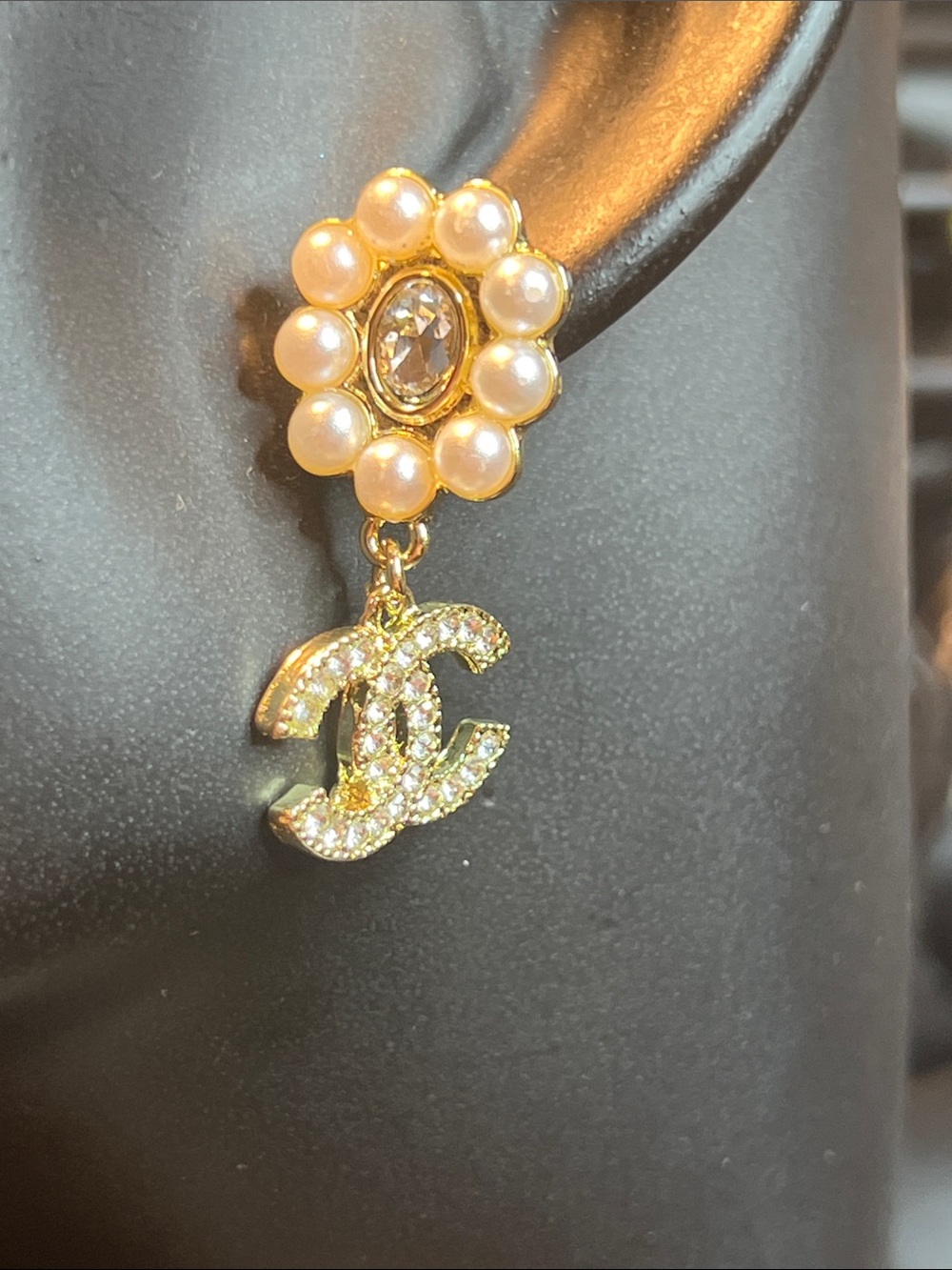 Gold Pearl Flower Drop Earrings with Crystal Double-C Logo Charm